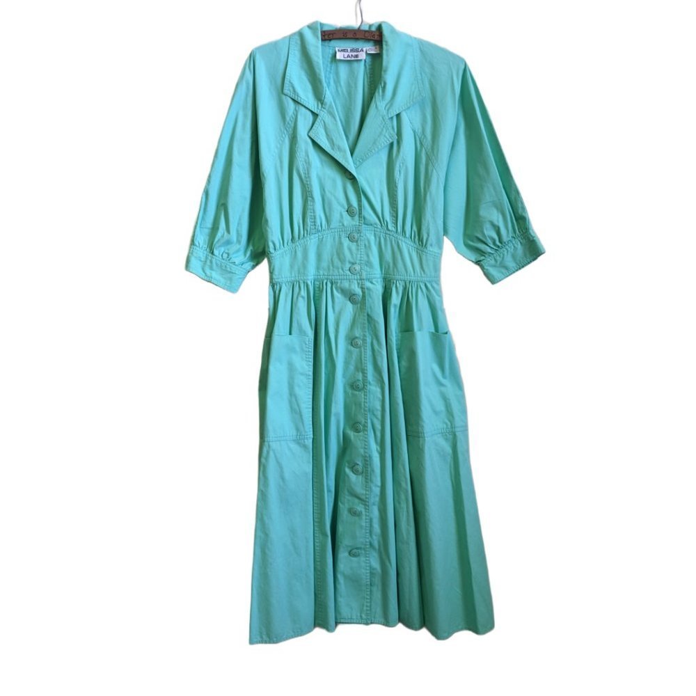 Vintage cotton shirt dress collared mint green pockets utility 80s retro button